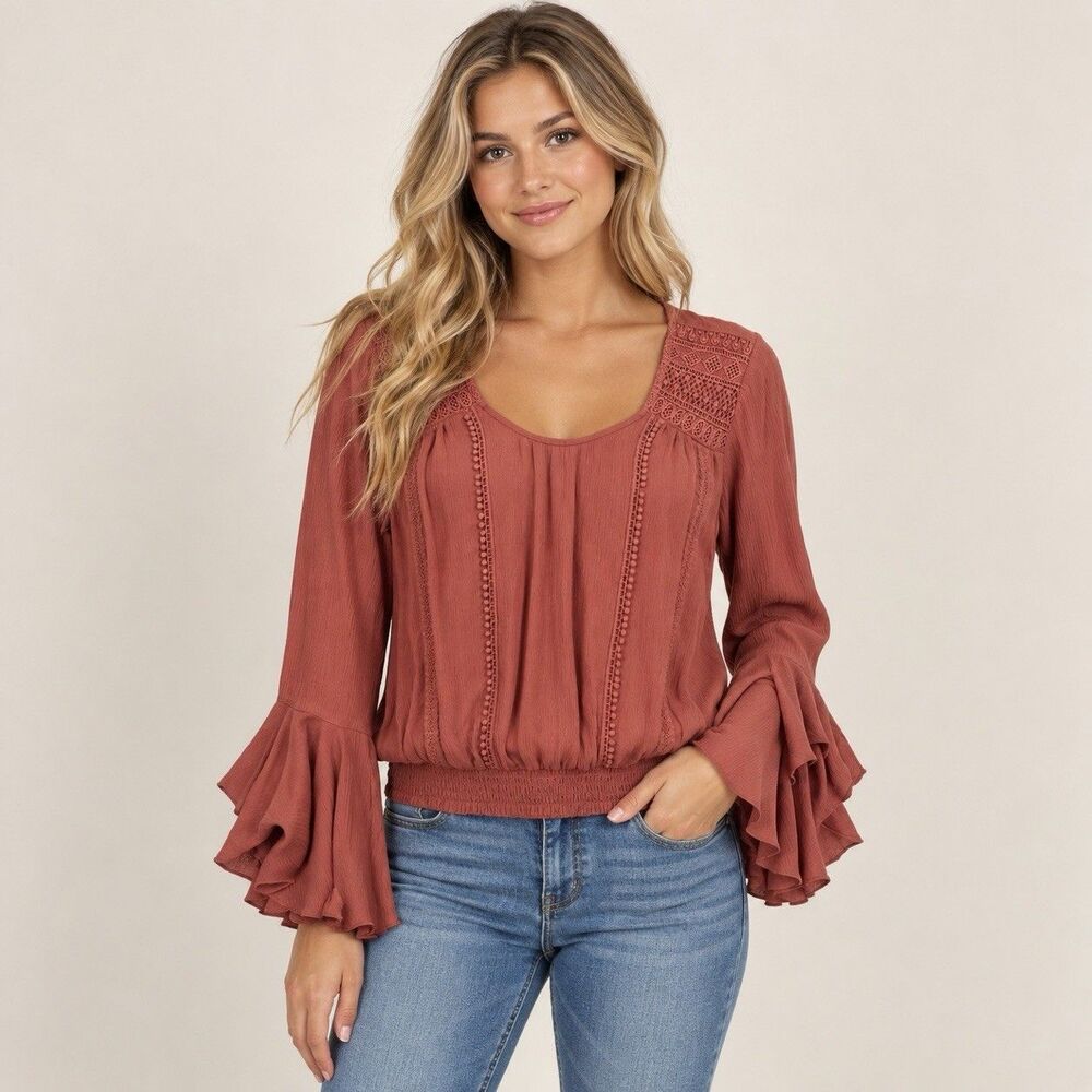 Express Women’s Small Dusty Rose Boho Blouse Crochet Lace Bell Sleeve Smocked